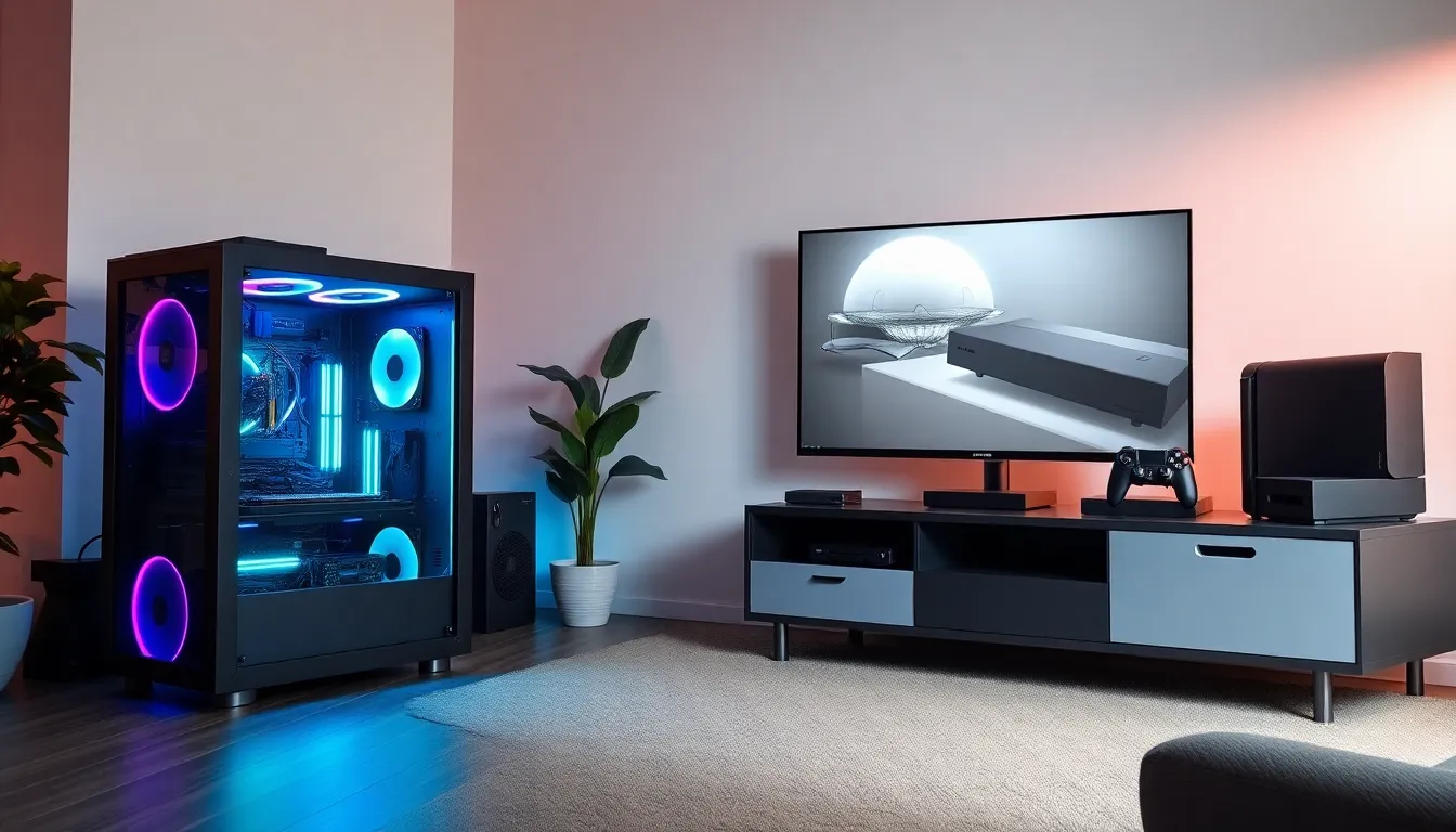 A gaming setup showing both PC and console environments.