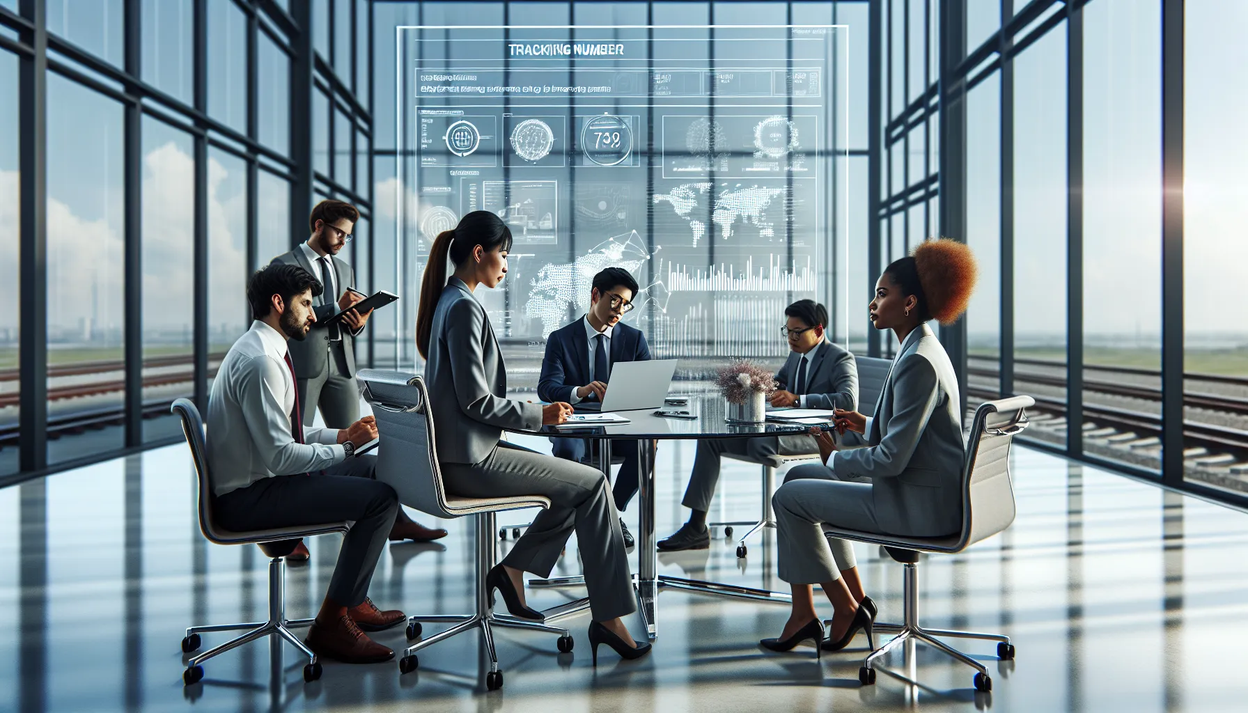 diverse team discussing applications of a tracking number in an office.
