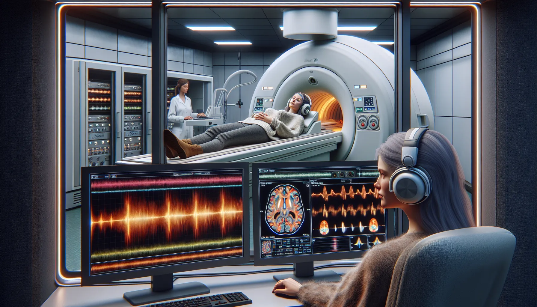 Norwegian researcher monitors brain activity of a woman listening to music in an fmri.