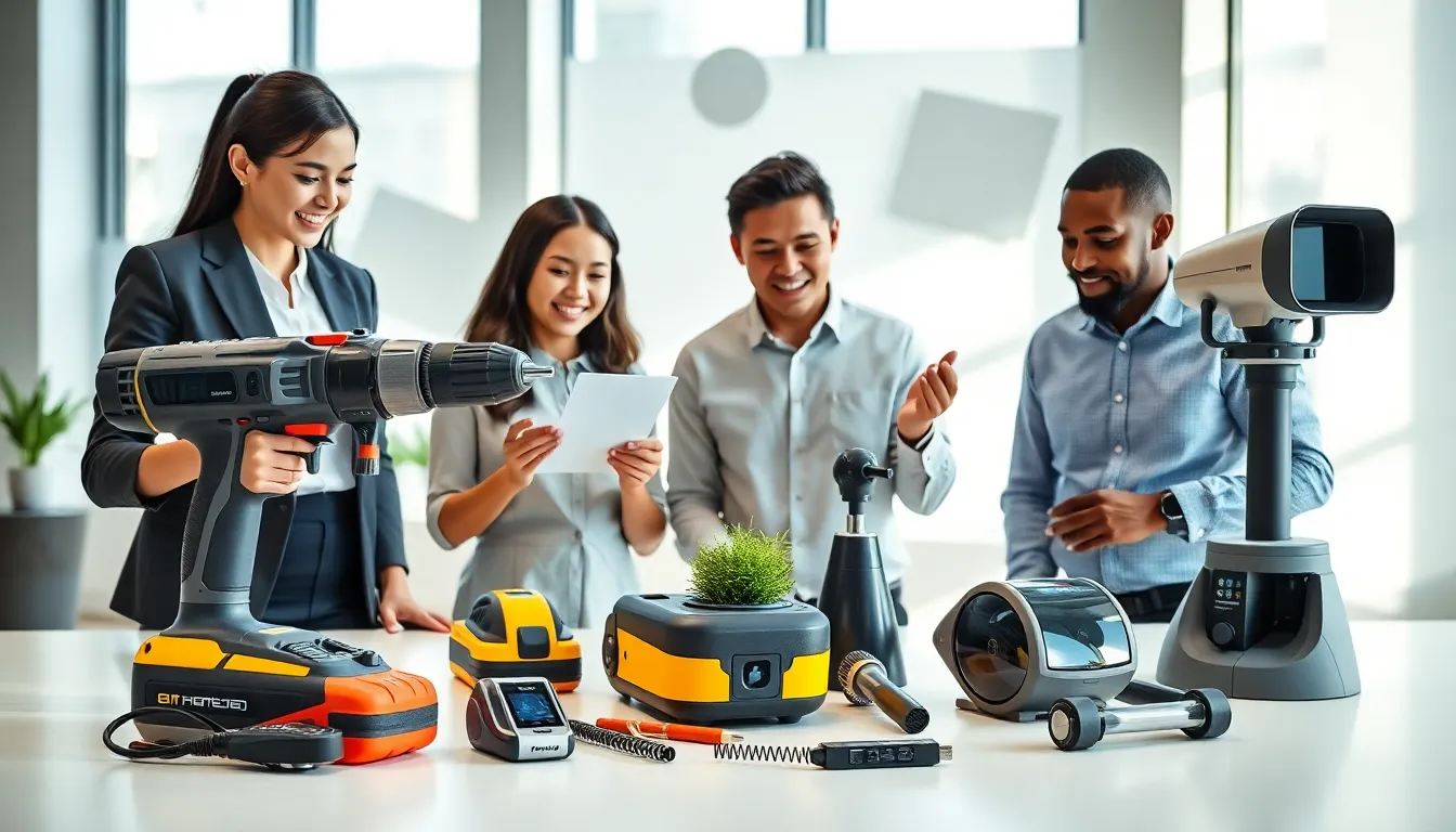 diverse professionals showcasing innovative tools in a modern workspace.