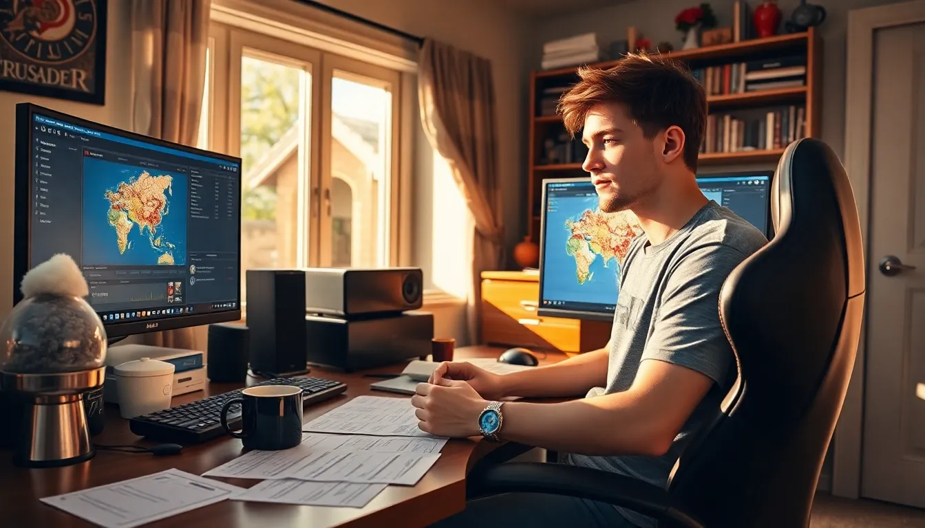 Benjamin Pearce working at his gaming desk with CK2 strategies.