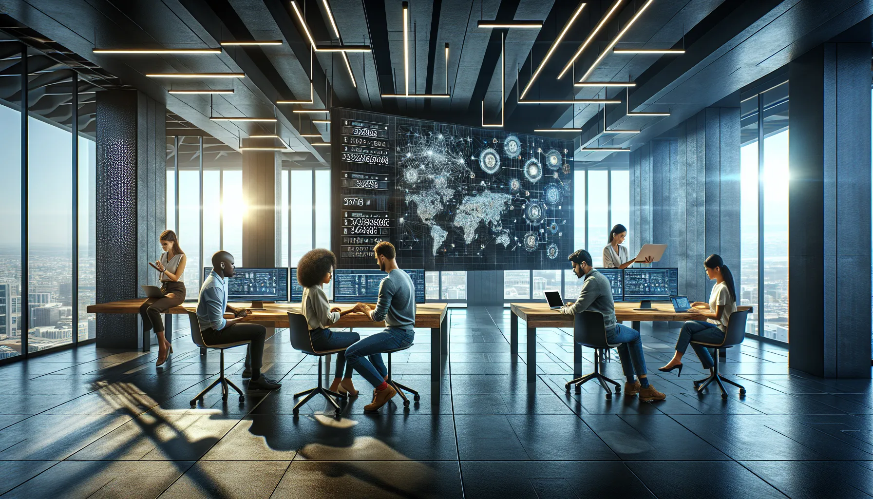 IT team collaborating on data processing in a modern office.