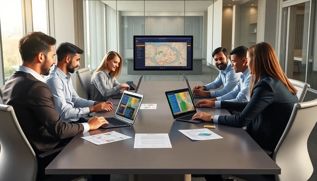diverse players strategizing over laptops in a modern office.