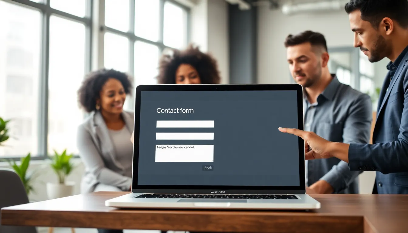 professionals discussing a digital contact form in a modern office.