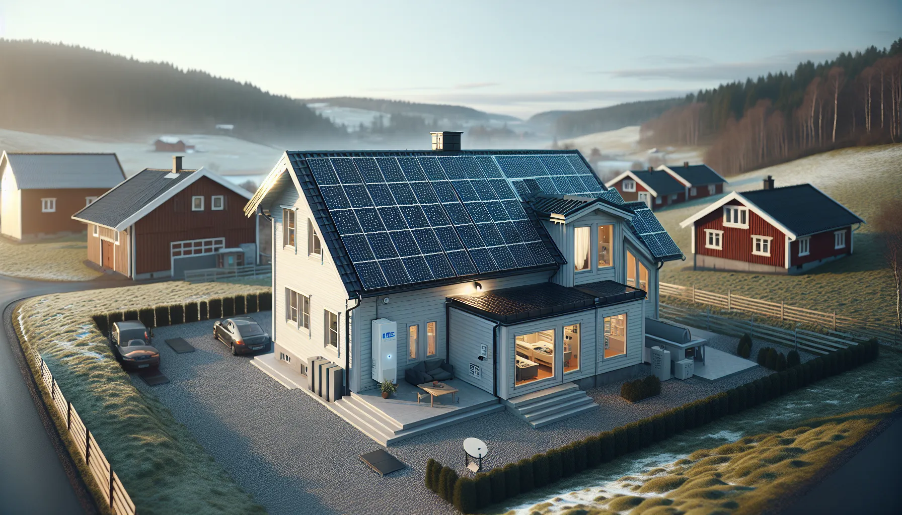 Slik fungerer solcellepaneler for boliger 4 Norwegian house with rooftop solar panels and cutaway showing inverter and fuse box.