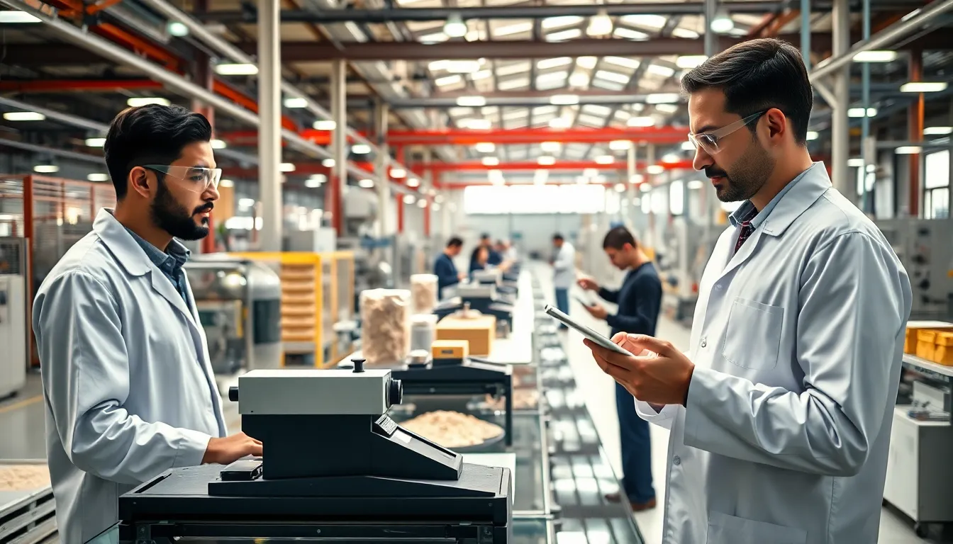 diverse team engaged in quality control in a modern manufacturing facility.