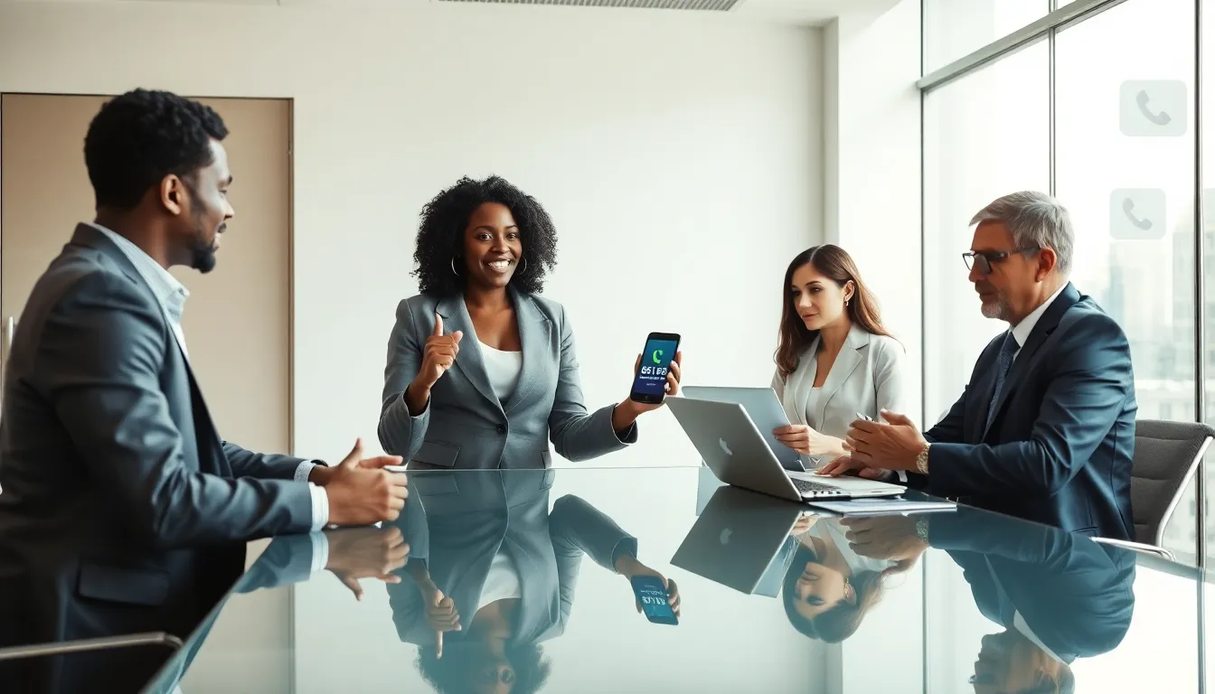 Business professionals discussing customer support in a modern office.