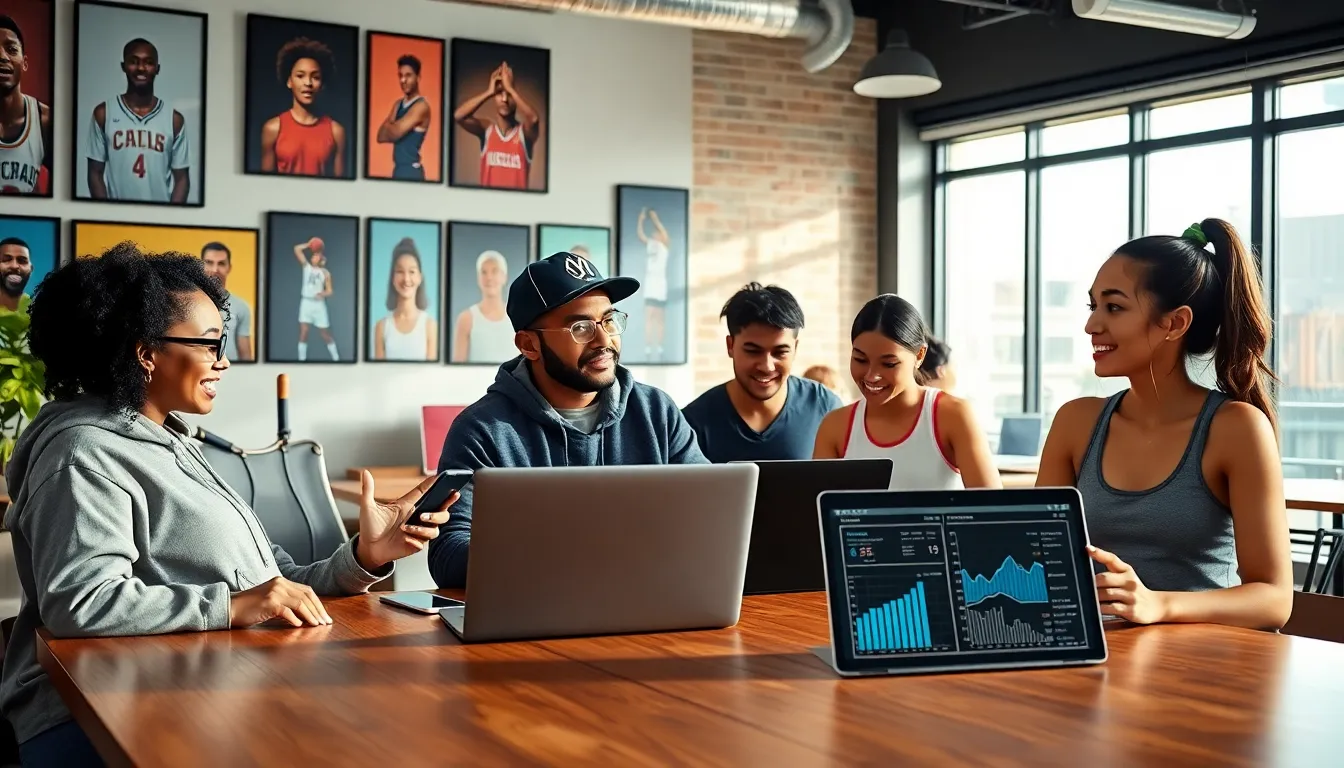 a group of young adults discussing sports in a modern co-working space.