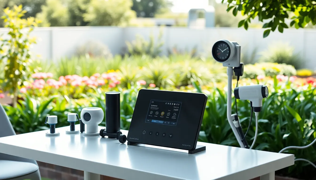 smart irrigation system components in a modern garden setting.