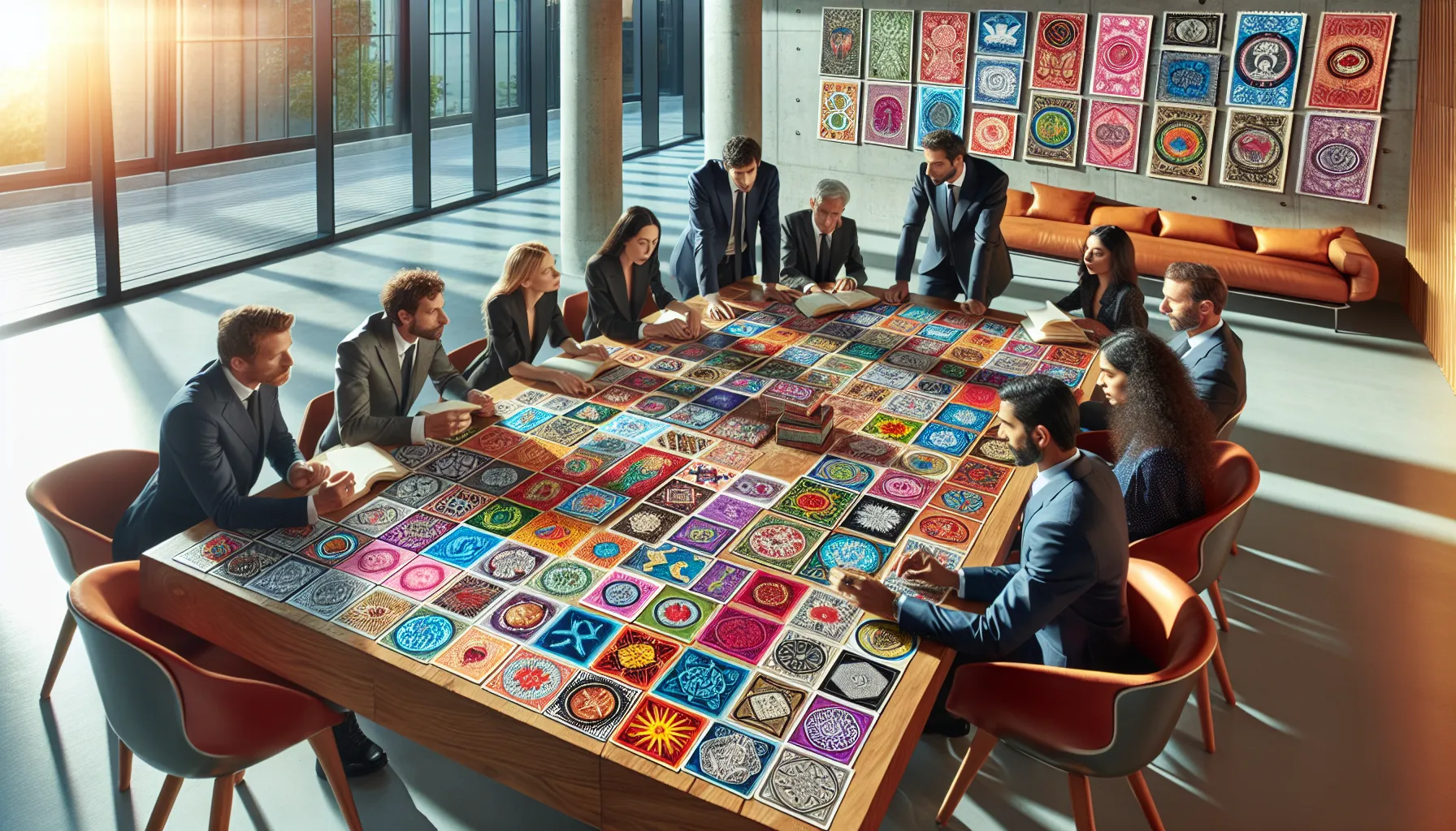diverse collectors examining colorful stamp flpemblemables in a modern office.