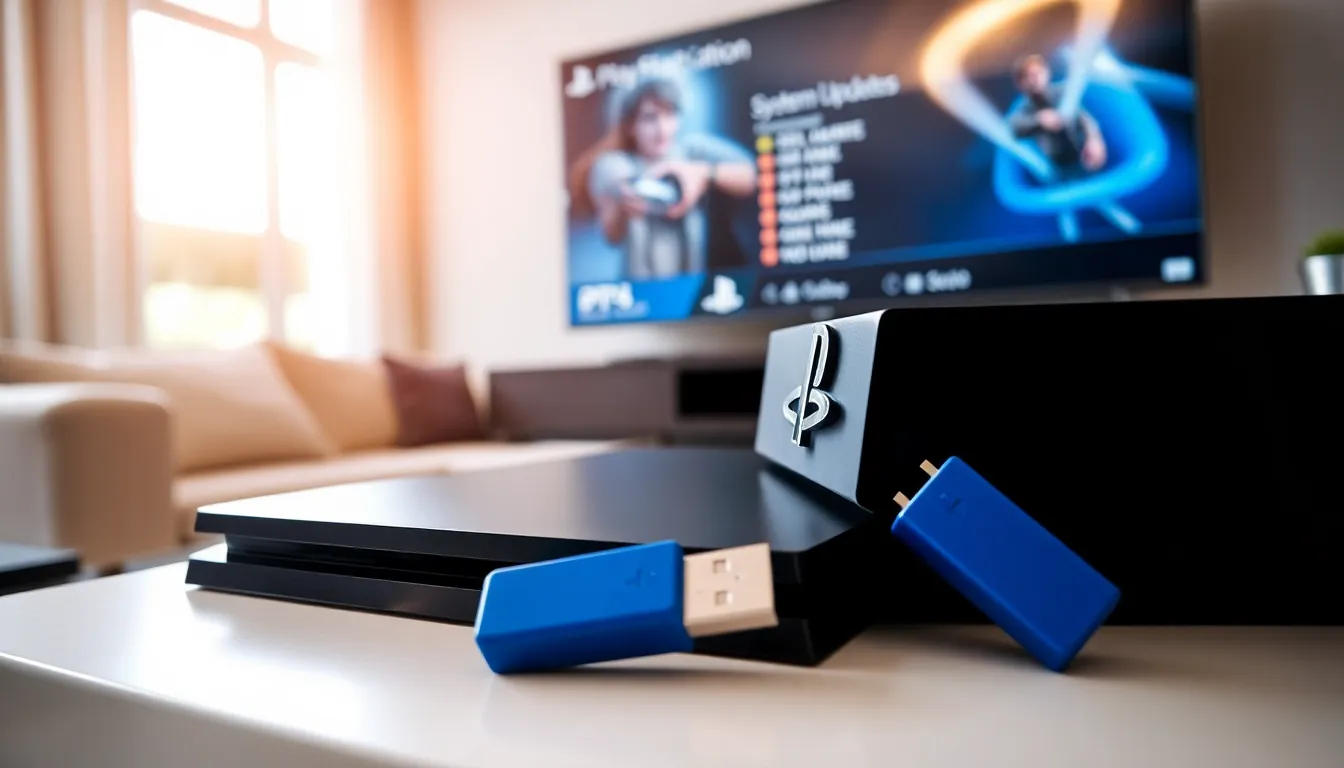 A PS4 console with a USB drive on a modern entertainment center.