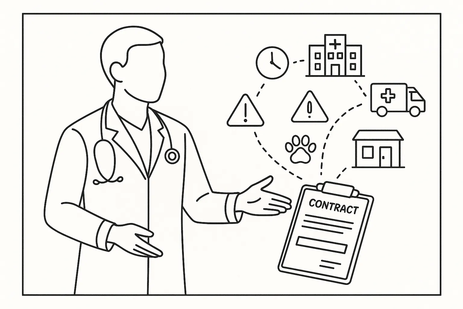 Veterinarian pointing to a contract with clinics and risk icons nearby.