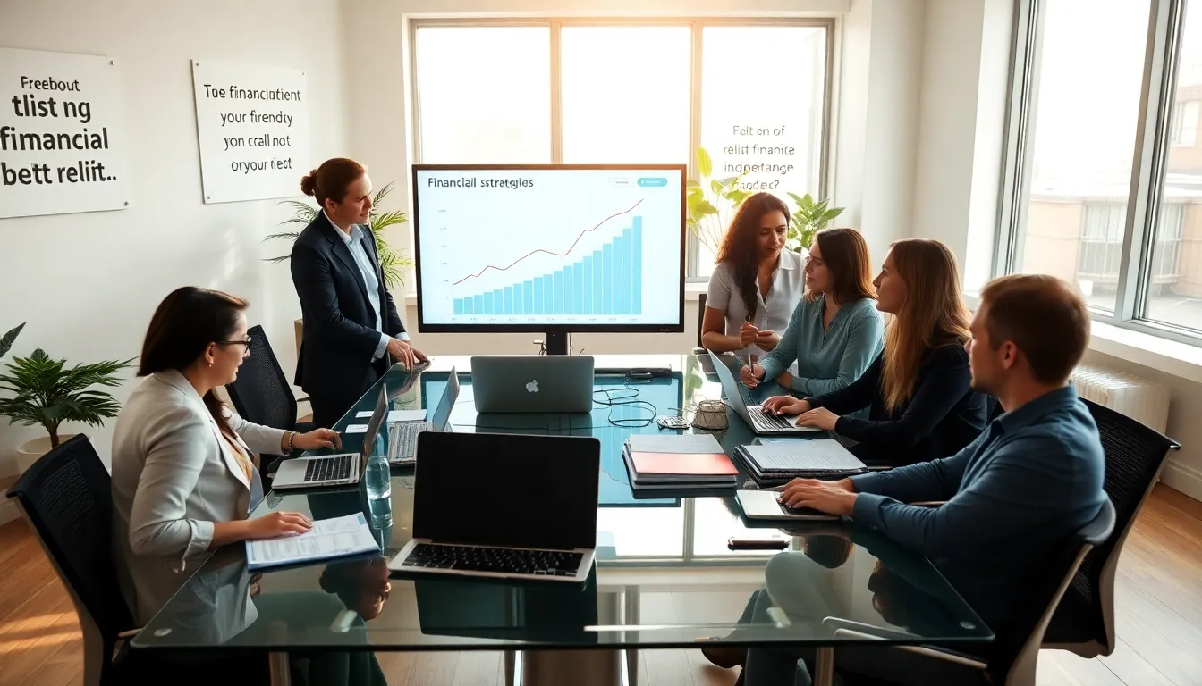 professionals discussing financial strategies in a modern office.