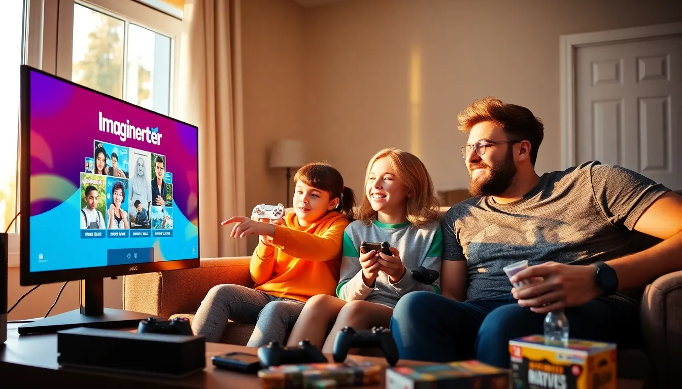 a diverse group enjoying games on a colorful gaming interface at home.