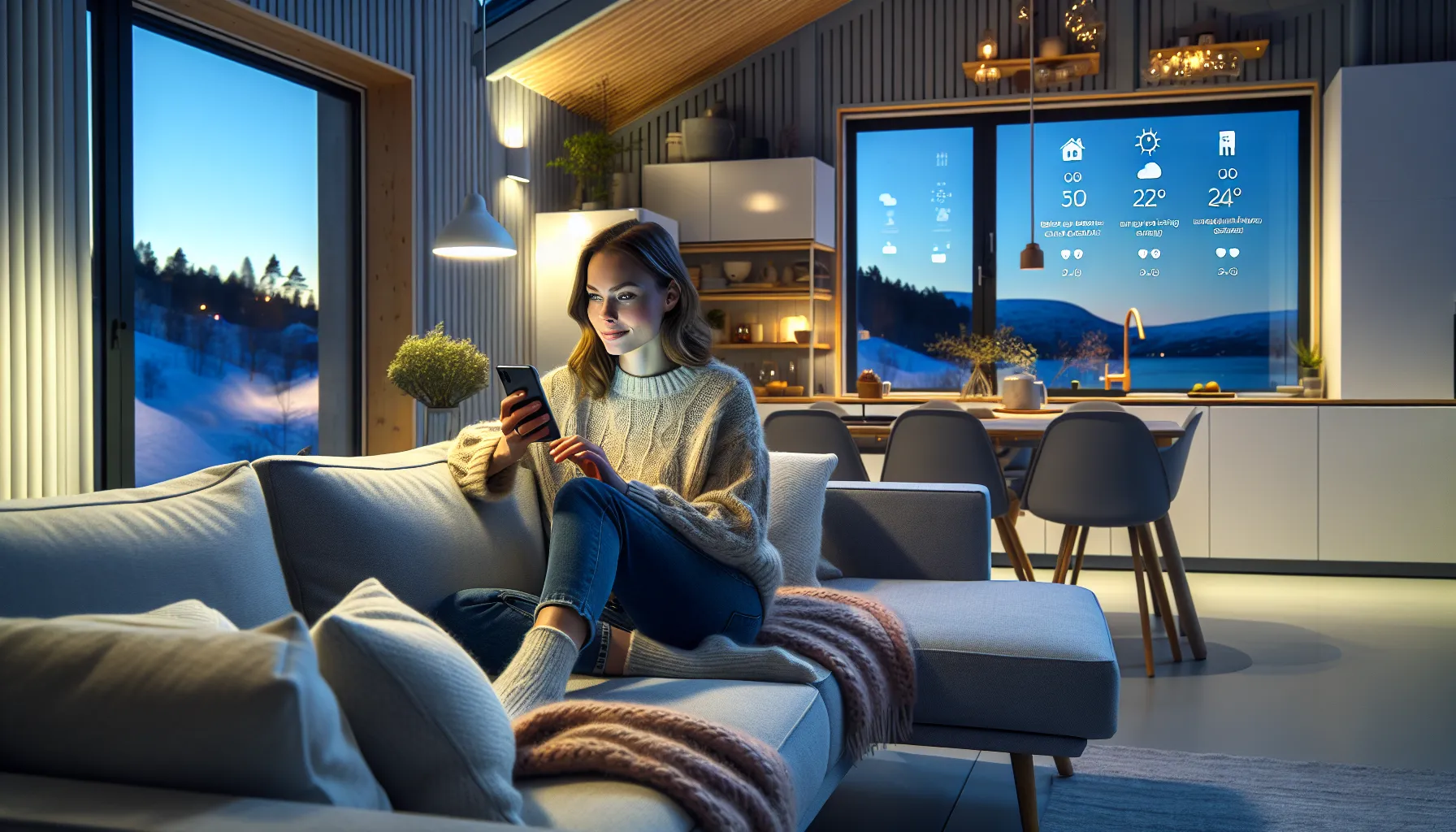 Norwegian woman using a smart-home app to manage heating and energy use.