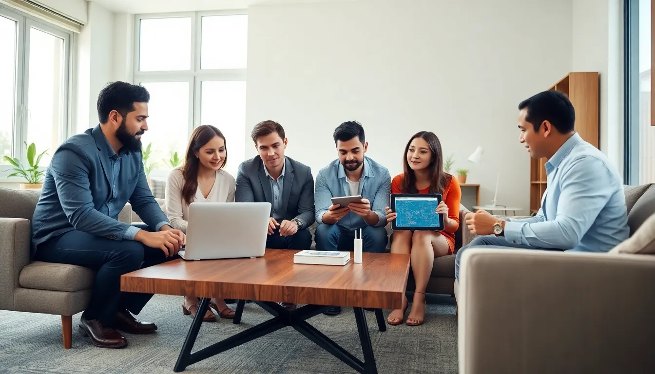 professionals installing a WiFi extender in a modern living room.