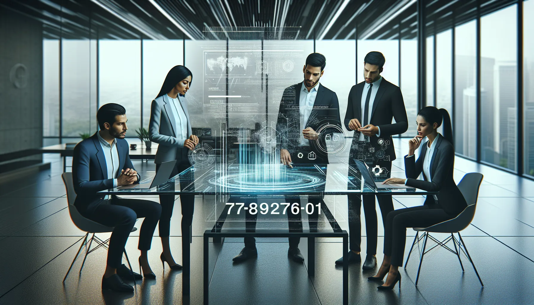 professionals collaborating over digital data analysis screen in an office.