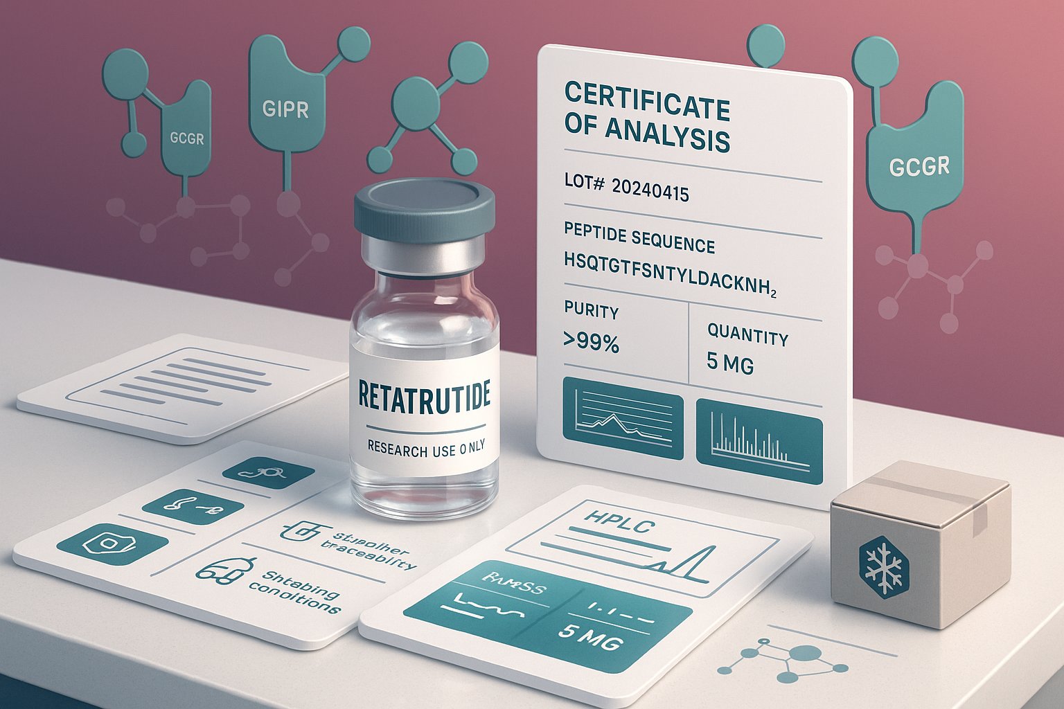 Retatrutide research vial beside quality documents and laboratory verification data.