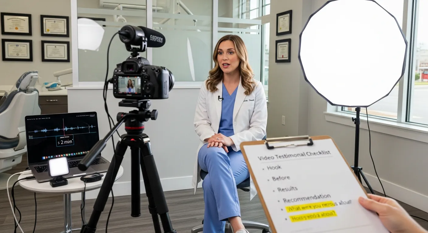Dentist records a structured video testimonial using a printed checklist and camera setup.