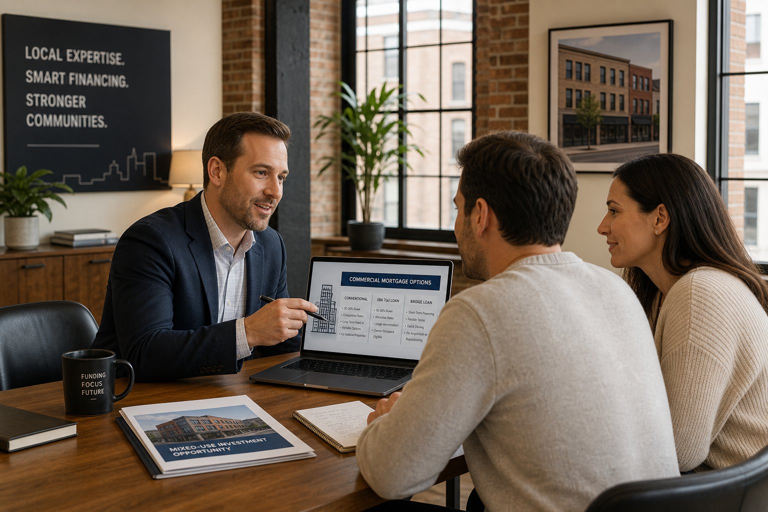 Commercial mortgage adviser explaining financing options to clients in a modern office