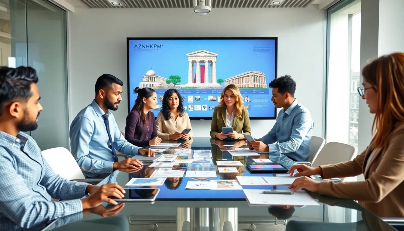 diverse professionals discussing historical concepts in a modern office.