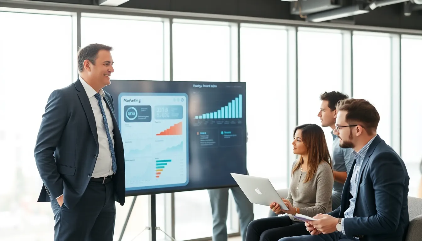 martech consultant discussing technology with a diverse team in a modern office.