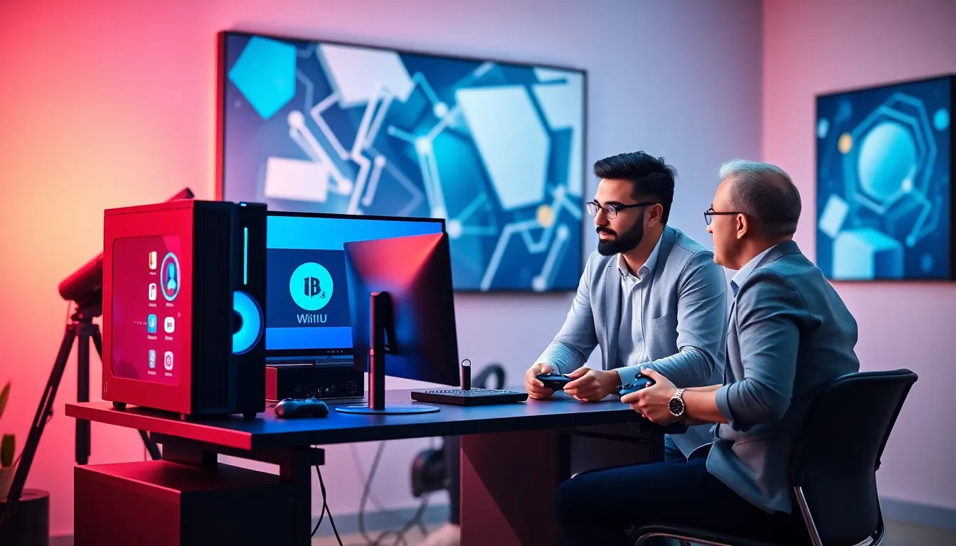 professionals discussing a Wii U emulator at a modern PC setup.