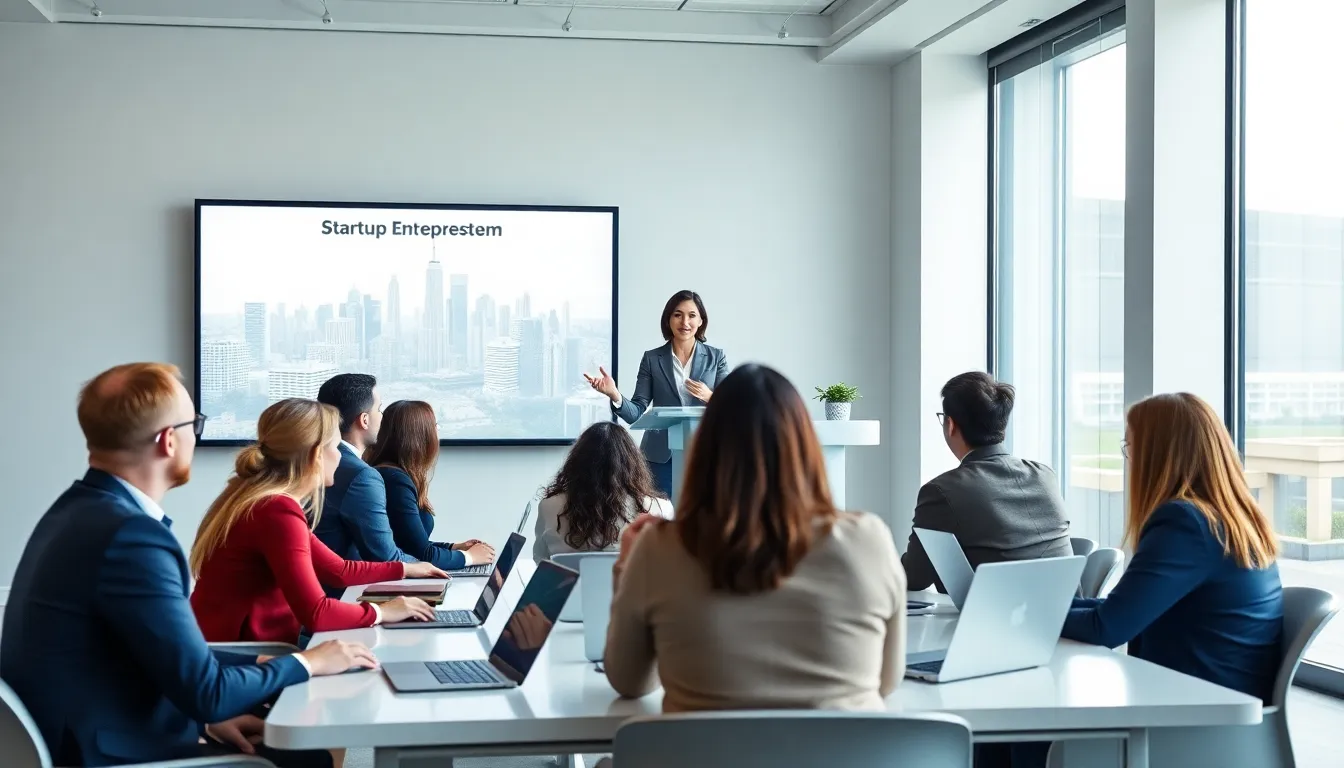 diverse audience listening to an entrepreneur speaker at a modern conference.