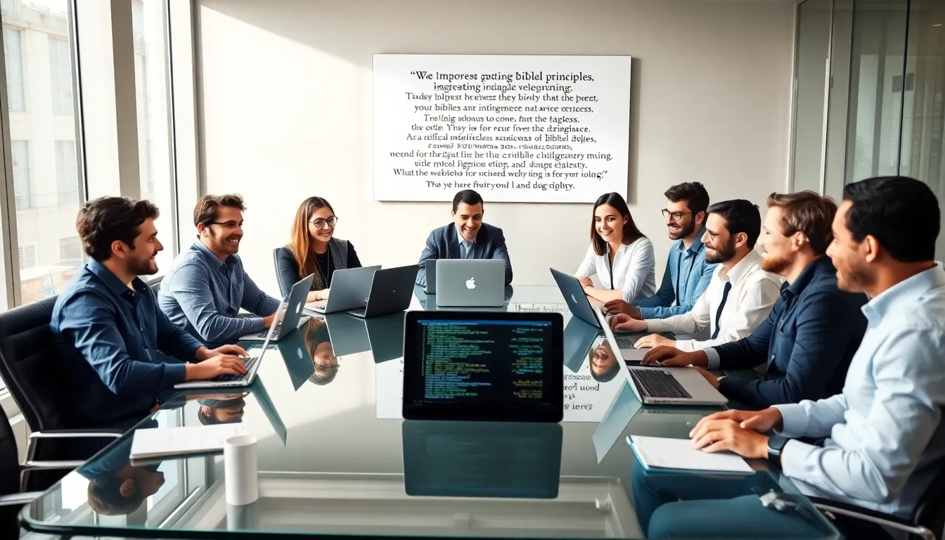 diverse developers discussing AI ethics in a modern office.
