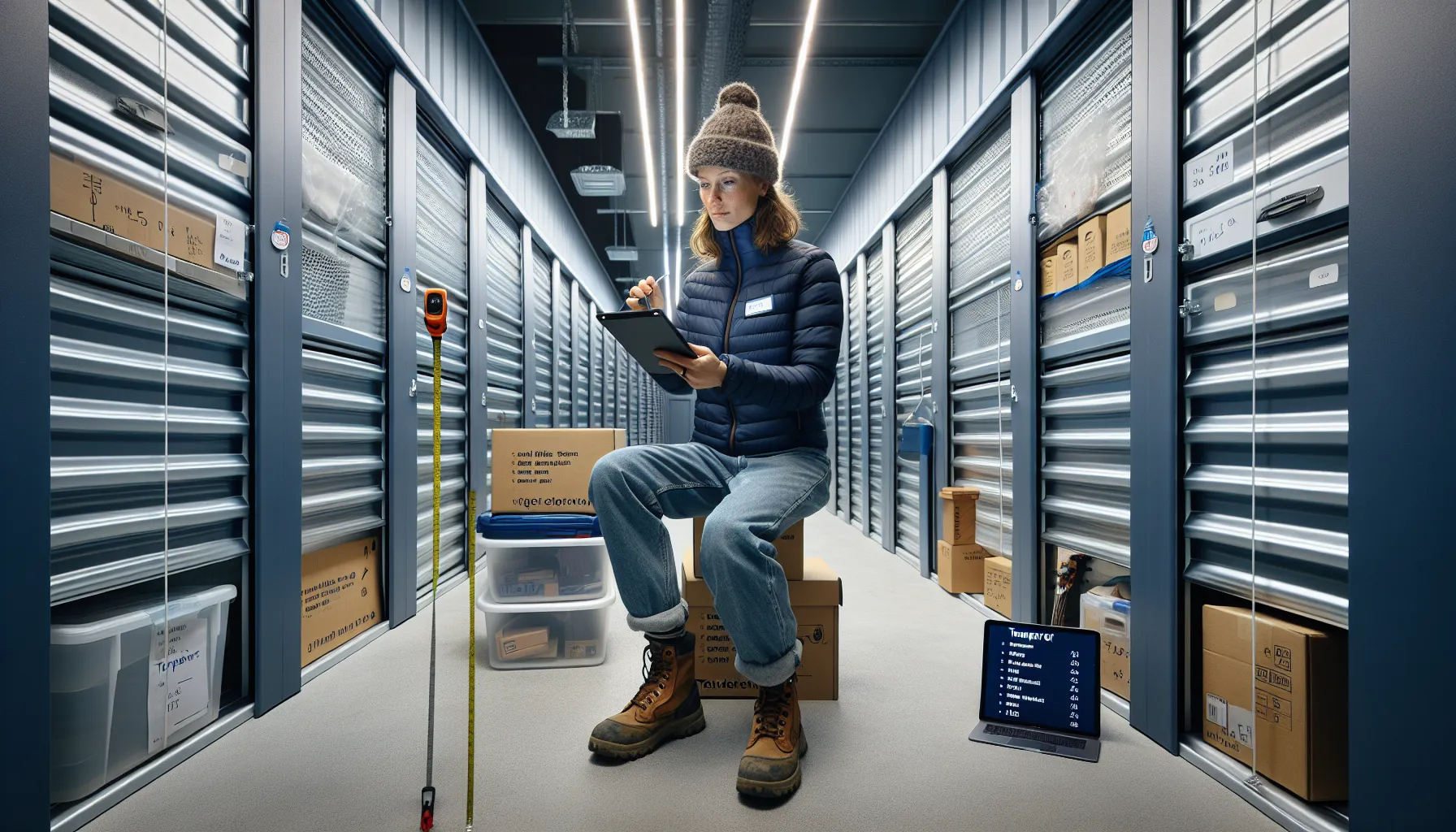 Hvordan velge riktig lagerplass for en korttidsleie 1 Woman measuring boxes in norwegian storage corridor, choosing climate-controlled vs cold unit.
