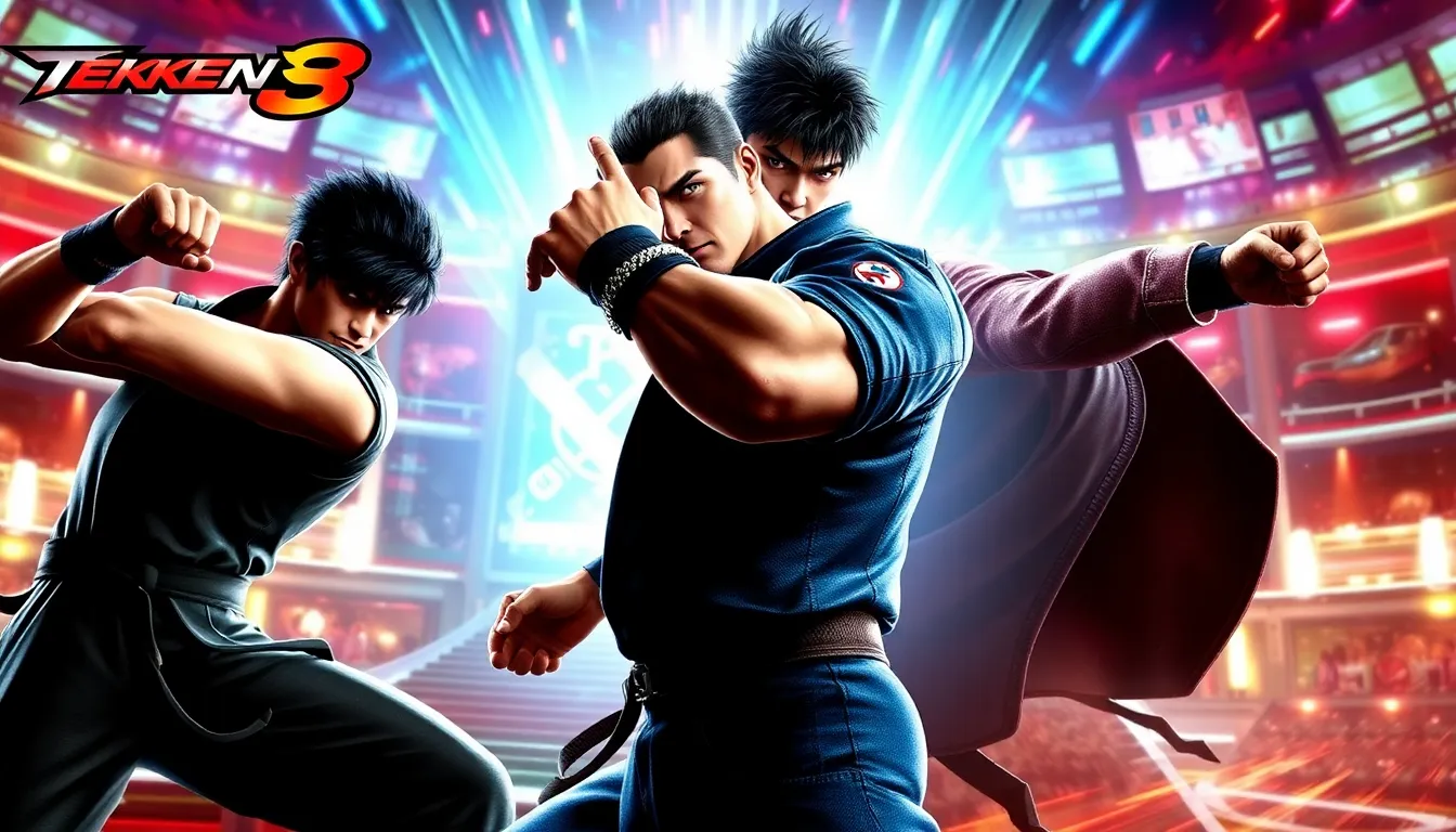 Tekken 8 wallpaper featuring Jin Kazama and Kazuya Mishima in a dynamic pose.