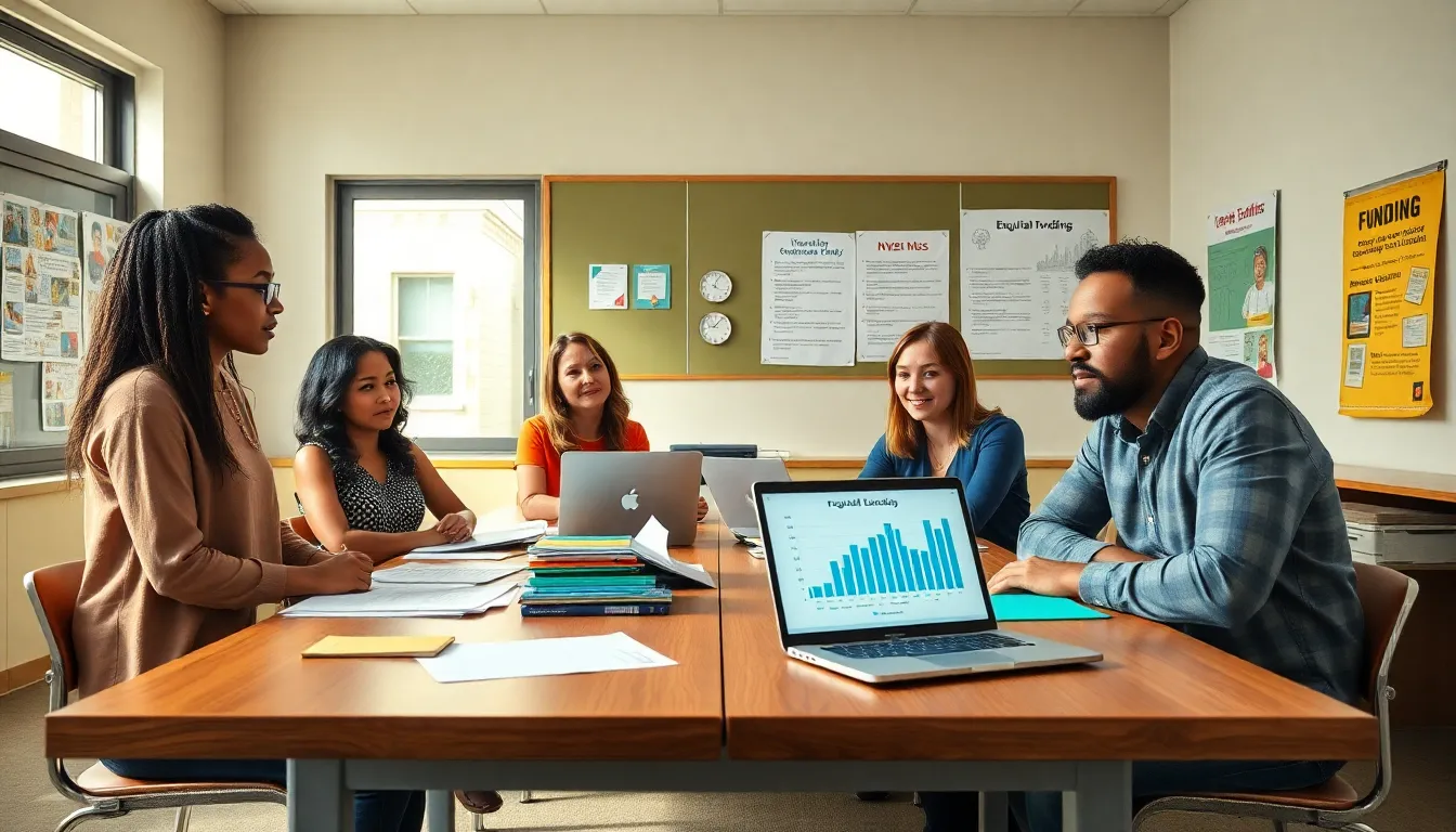 diverse teachers discussing funding challenges in a modern classroom.