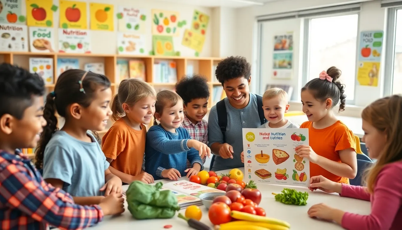 children learning about nutrition in a colorful classroom setting.