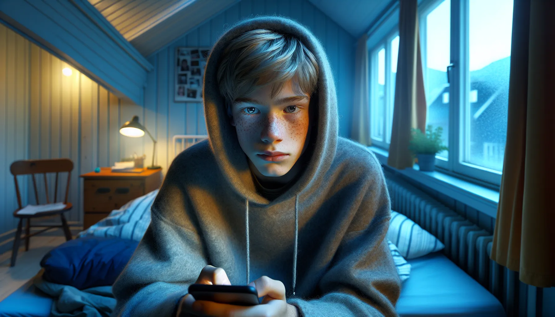 Norwegian teen anxiously reading hostile phone notifications in a dim bedroom.