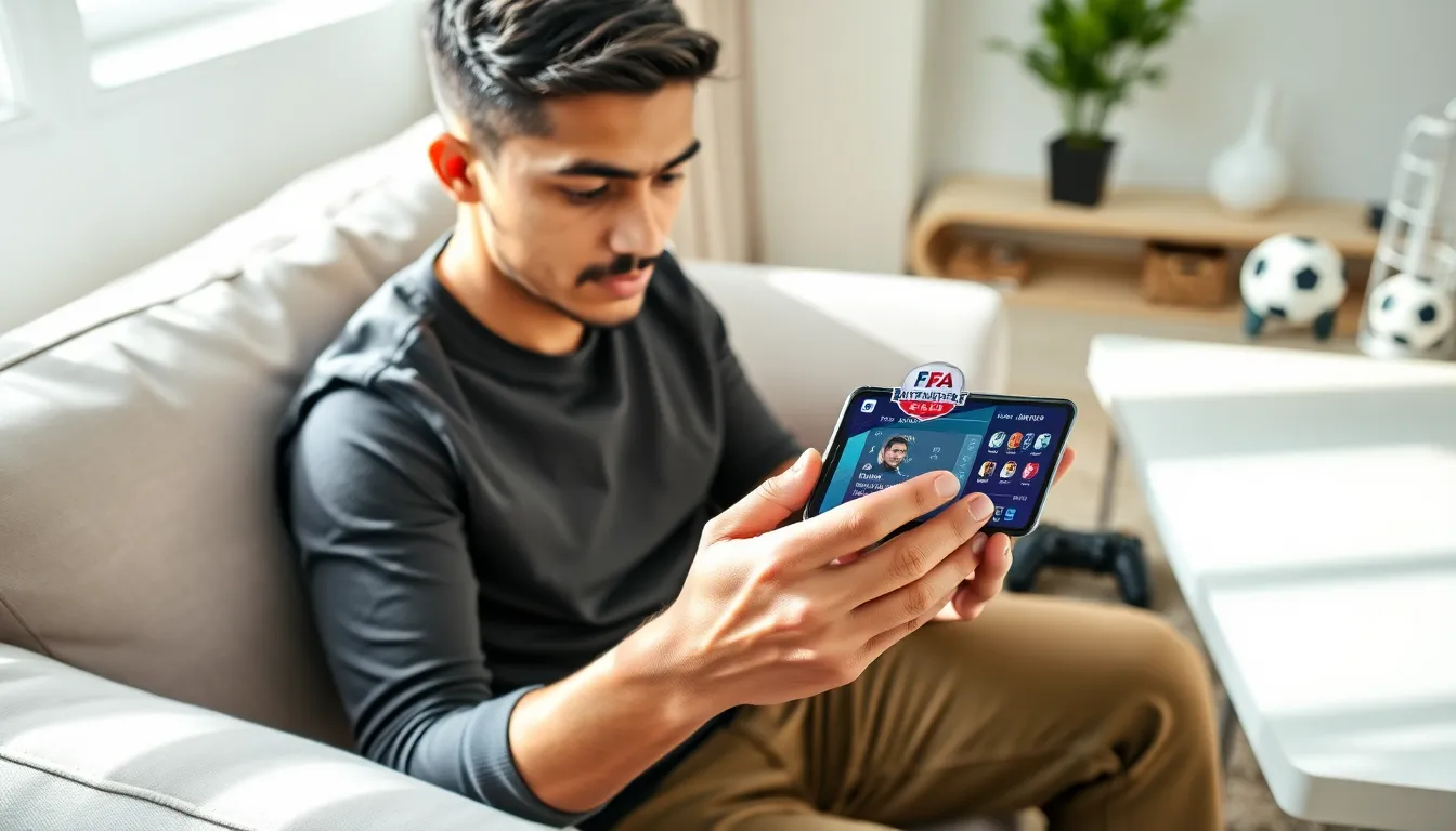 man using FIFA Companion app in a cozy living room.