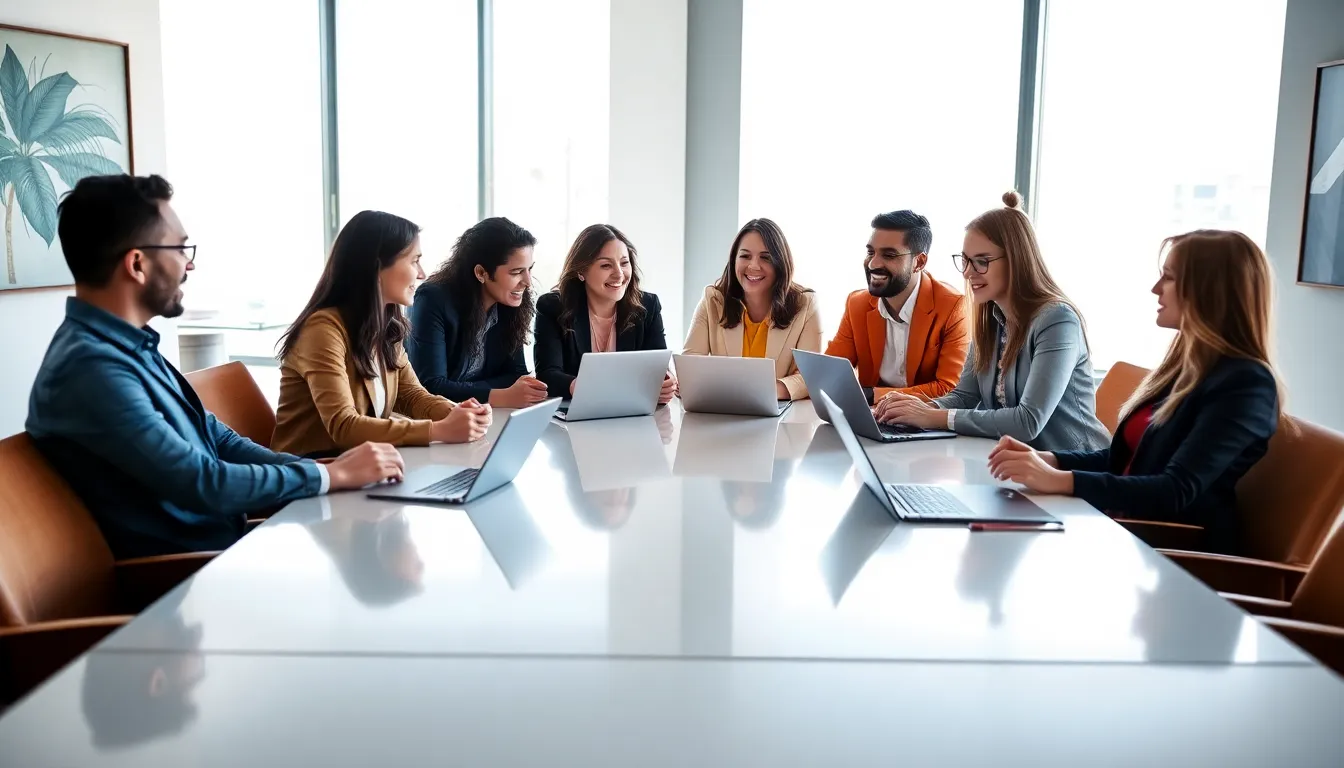 diverse team brainstorming in a modern office setting.