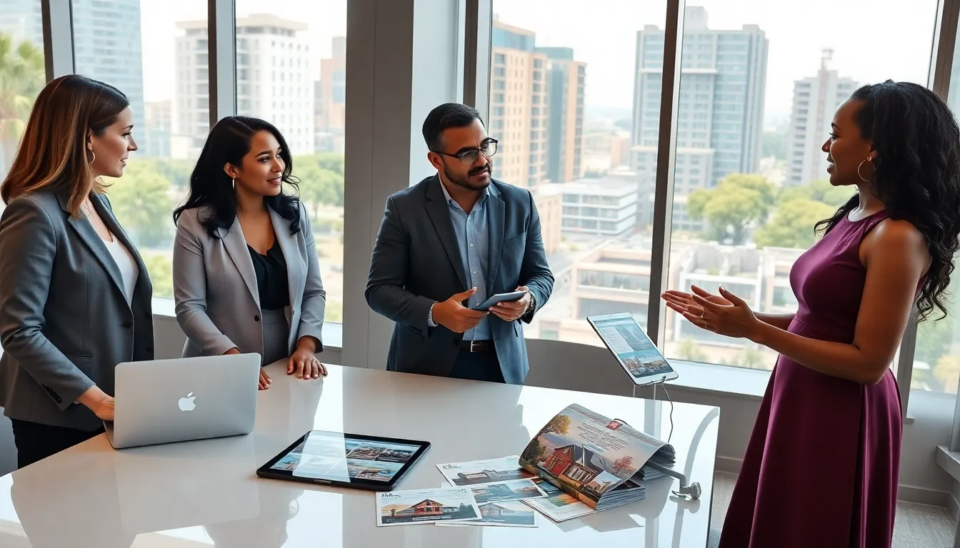 diverse real estate agents collaborating in a modern office setting.