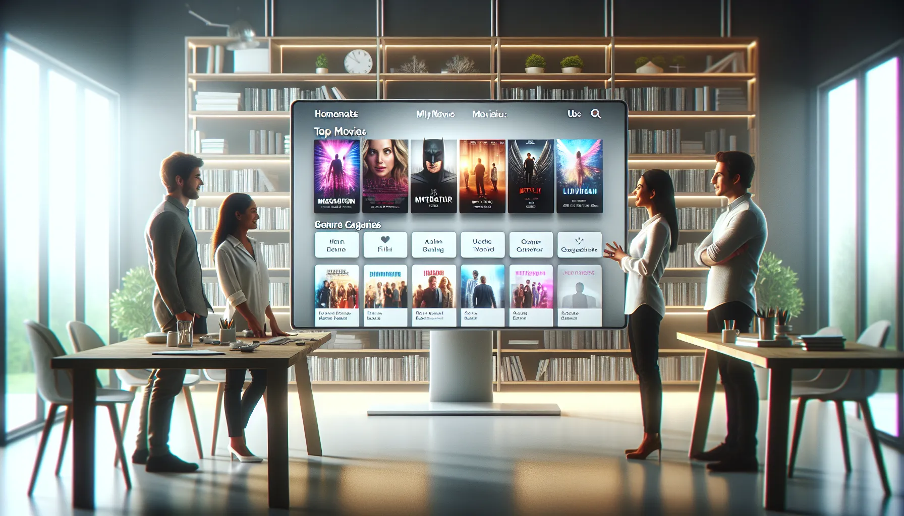 modern digital interface of Film Jila .com with professionals discussing.