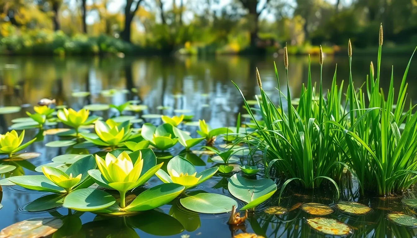 lush aquatic plants in a serene pond environment.