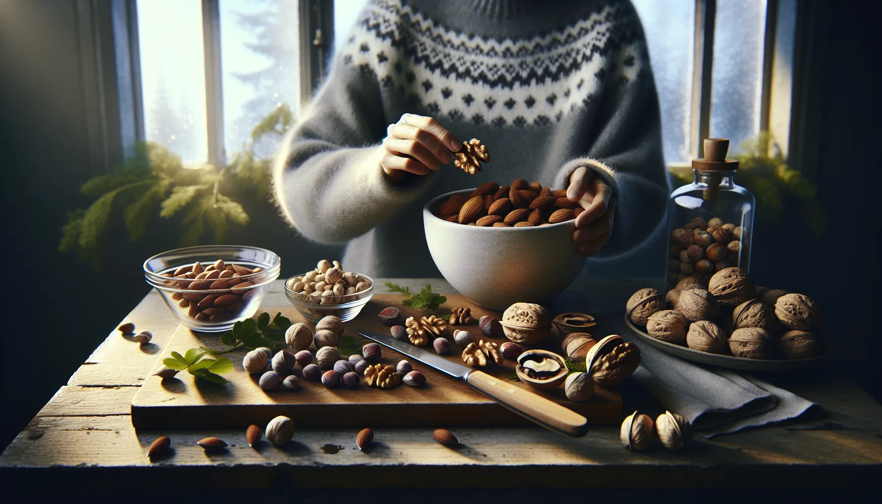 De beste nøttene for å redusere kolesterol 2 Hand adds walnuts to heart-shaped bowl of almonds, pistachios, and hazelnuts.