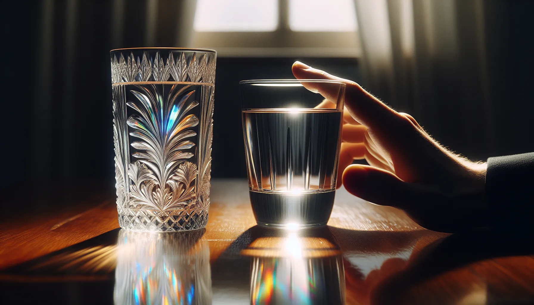 a crystal glass and a glass tumbler side by side on a table.