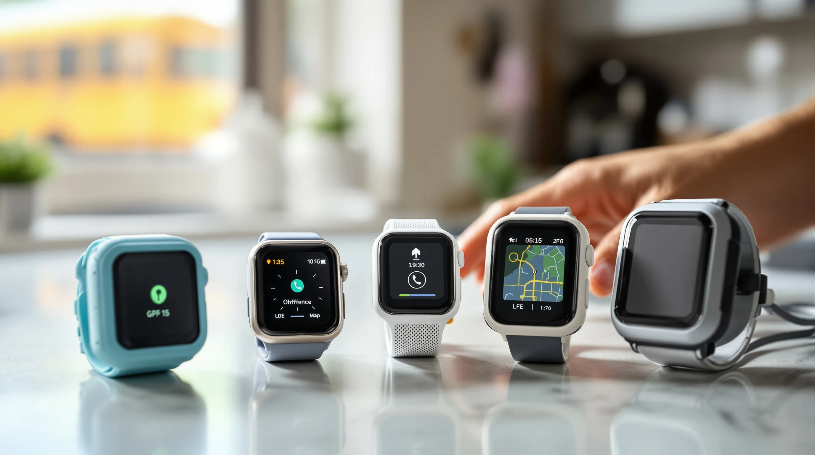 Parent comparing three child GPS watch trackers on a sunlit kitchen counter.