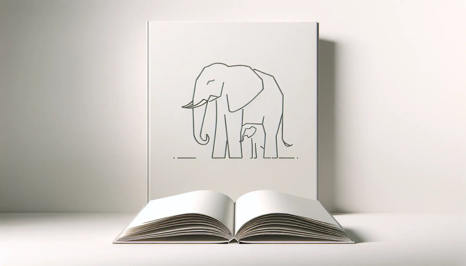 Open book with minimal elephant silhouette on clean white background