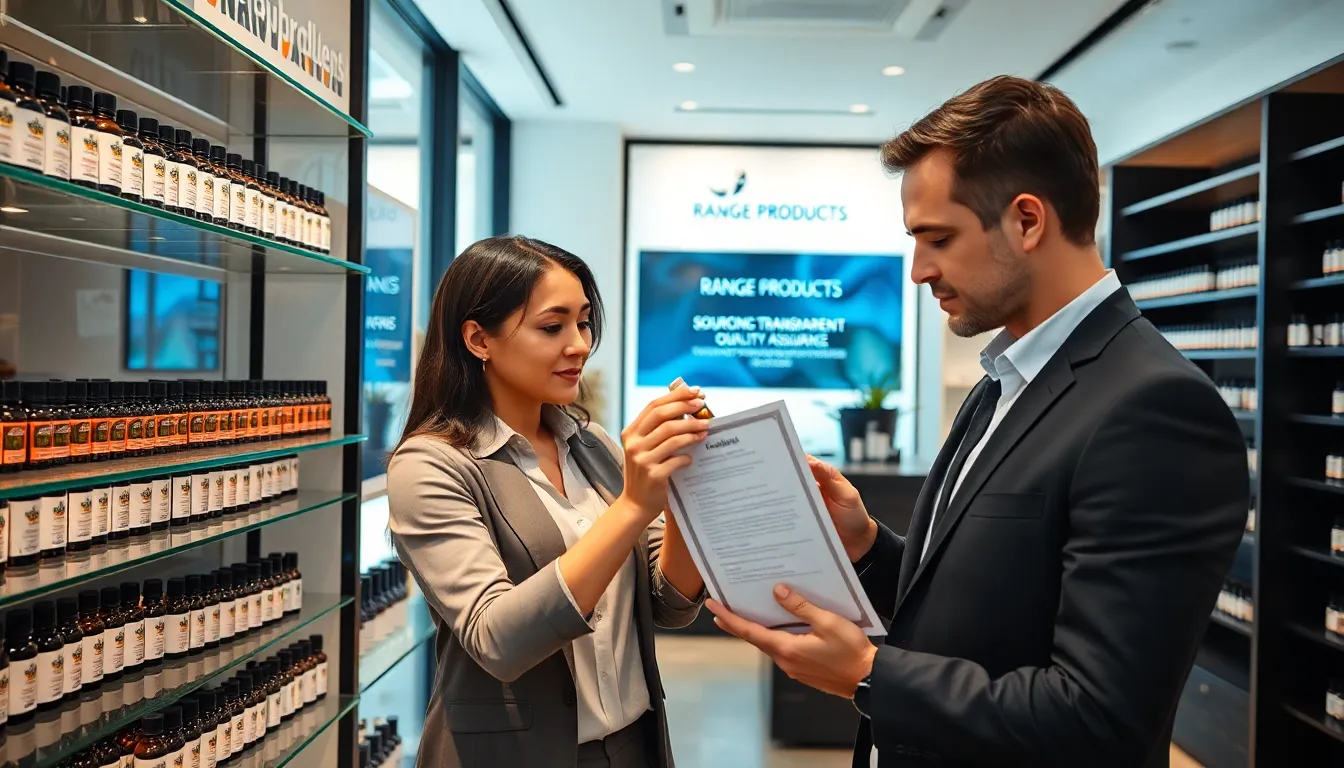 Professional inspecting essential oil bottles with supplier in a modern Perth shop.