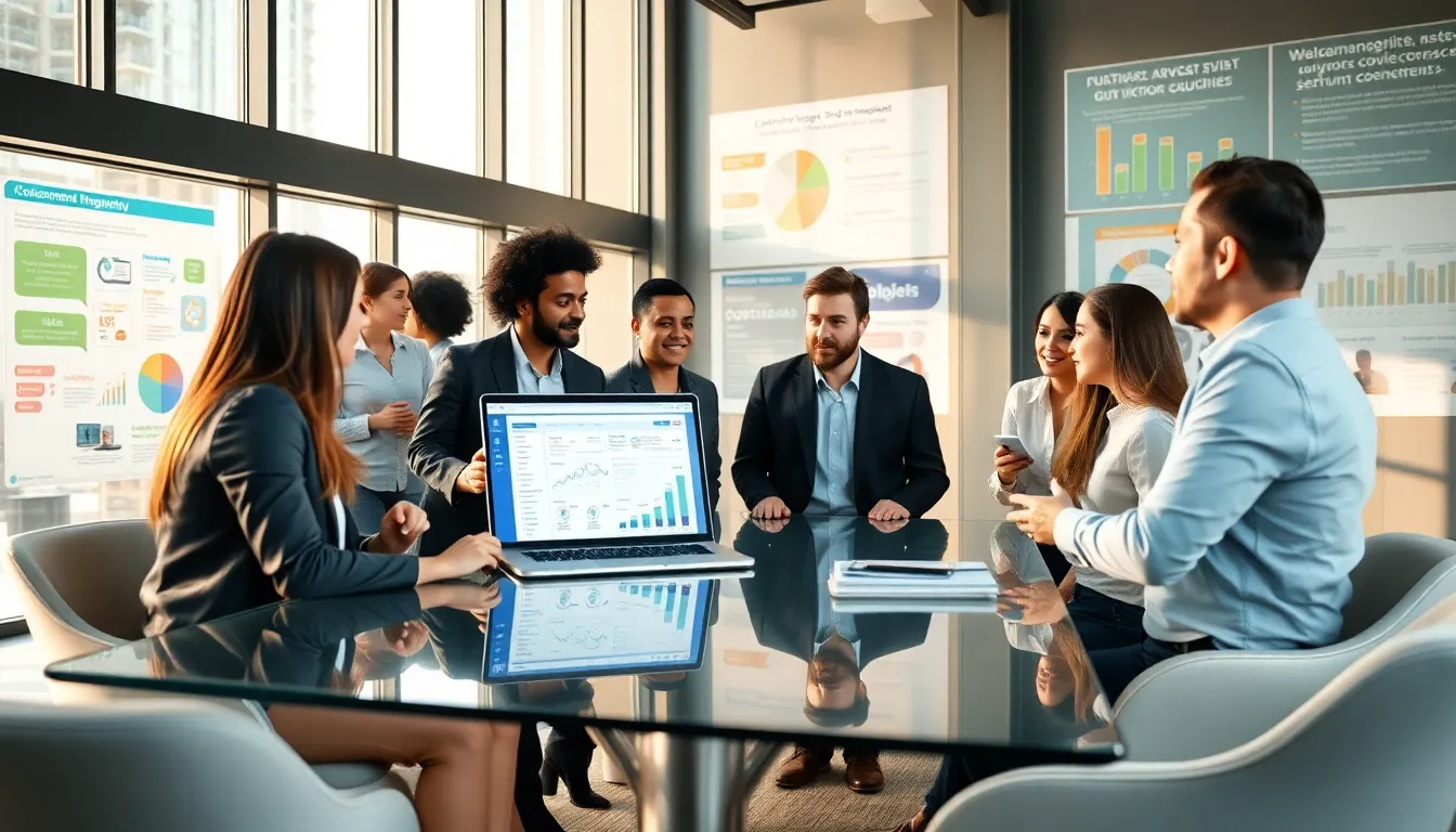 diverse team discussing WebBizMagnet in a modern office.