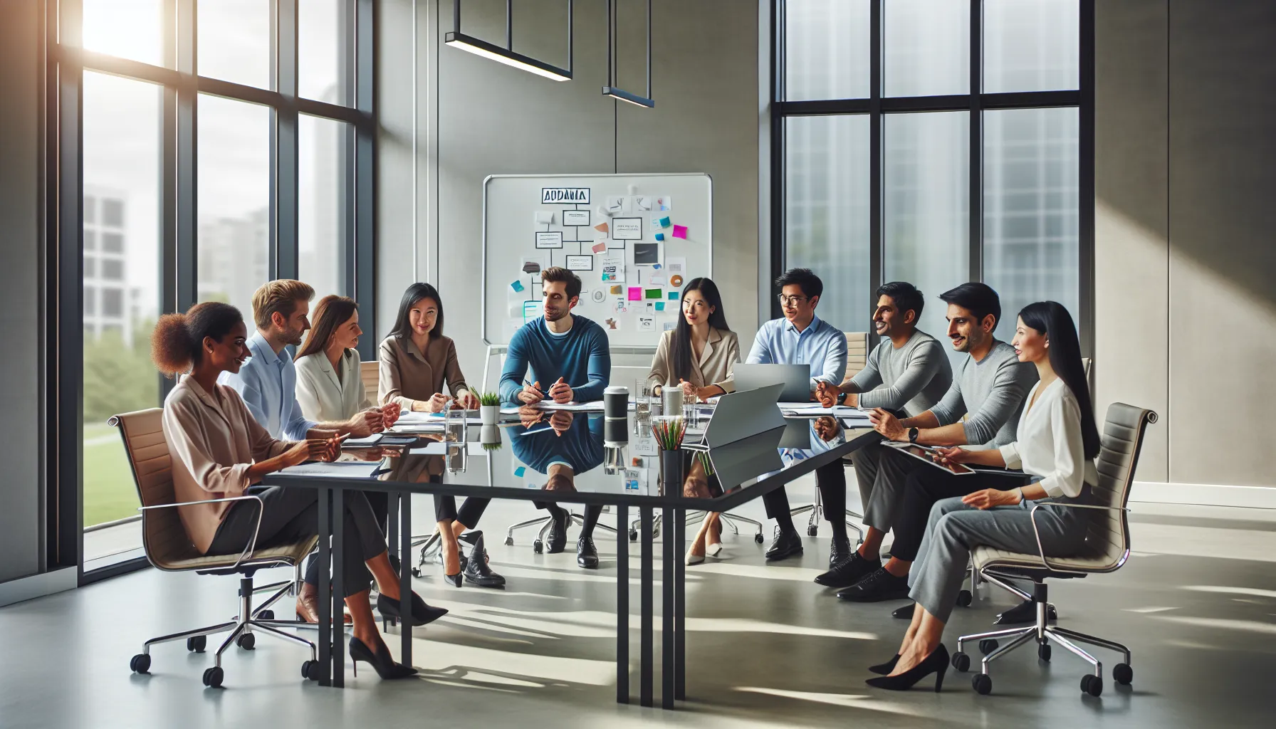 diverse professionals discuss Addamymar in a modern meeting space.