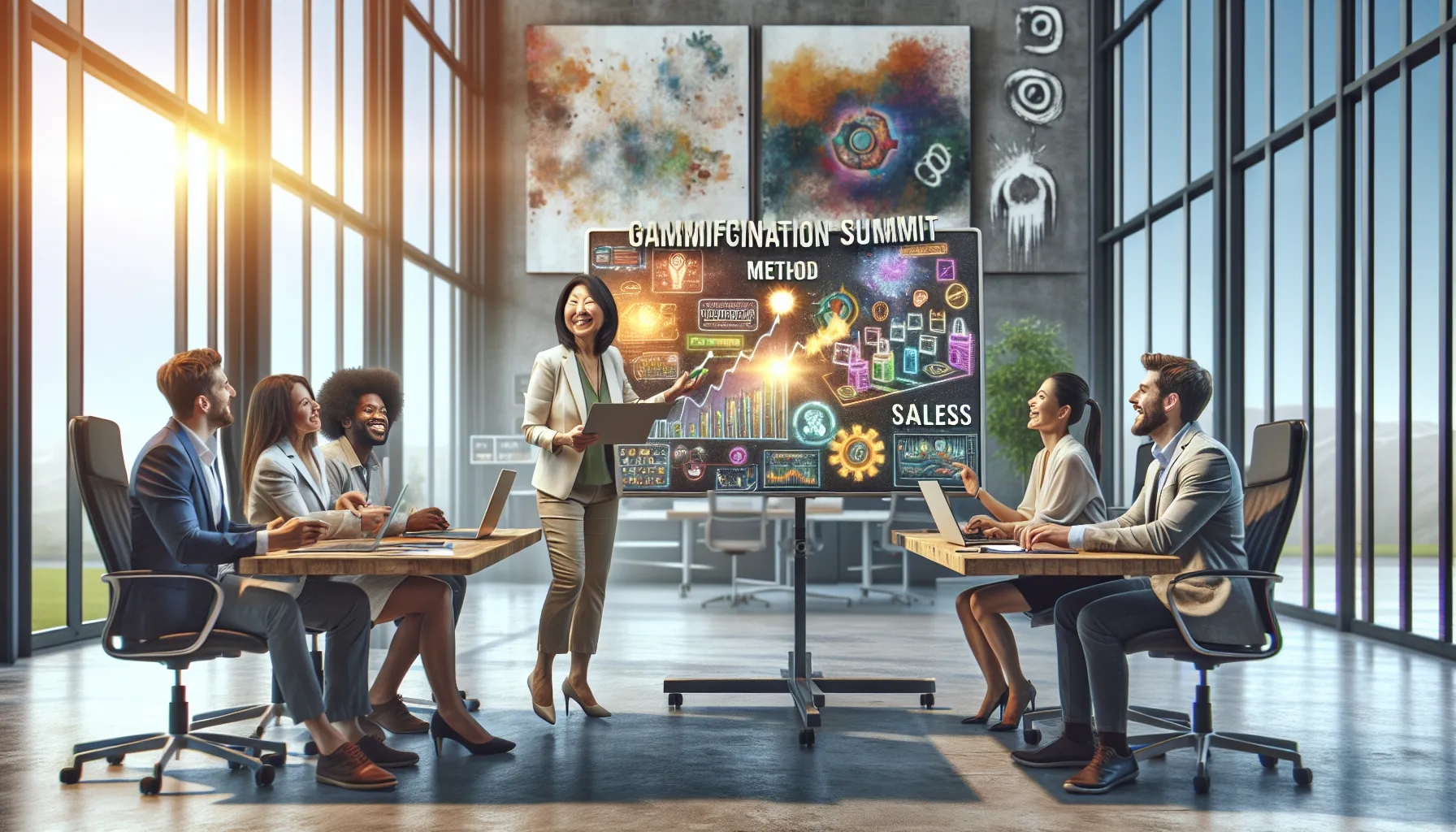 diverse team strategizing ticket sales for a gamification summit.