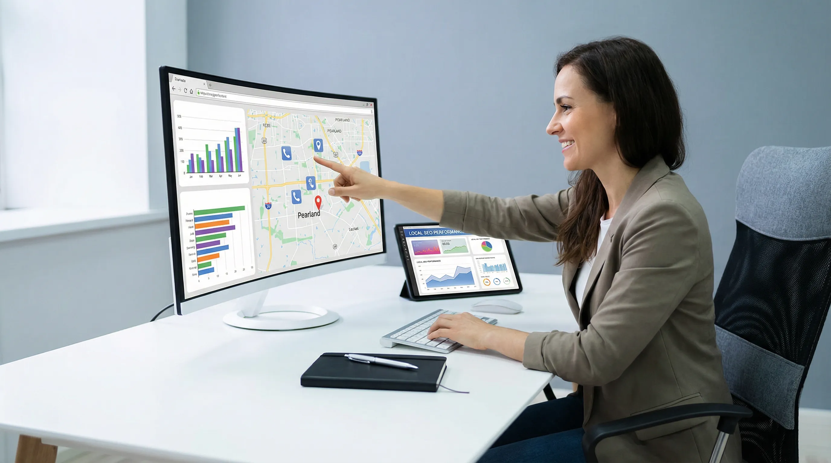 Business owner viewing reports of local traffic, calls, and direction requests from Pearland SEO on a large screen in a tidy office.