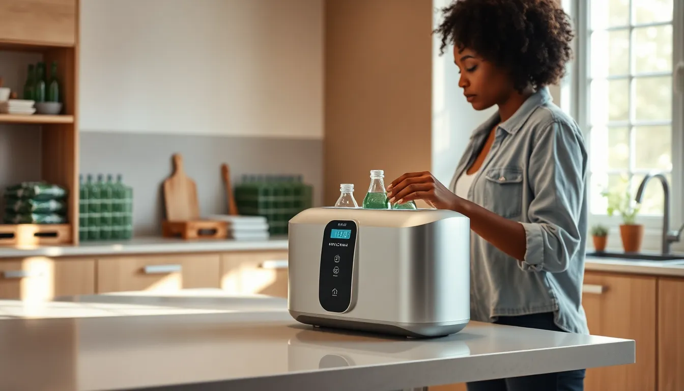modern kitchen with the BottleCrunch recycling device in use.