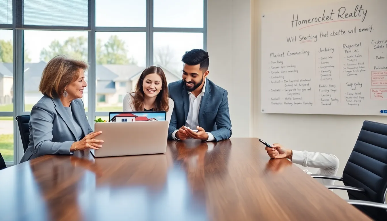 three real estate agents discussing client inquiries in a modern office.